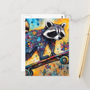 Carte Postale Skateboard Raccoon