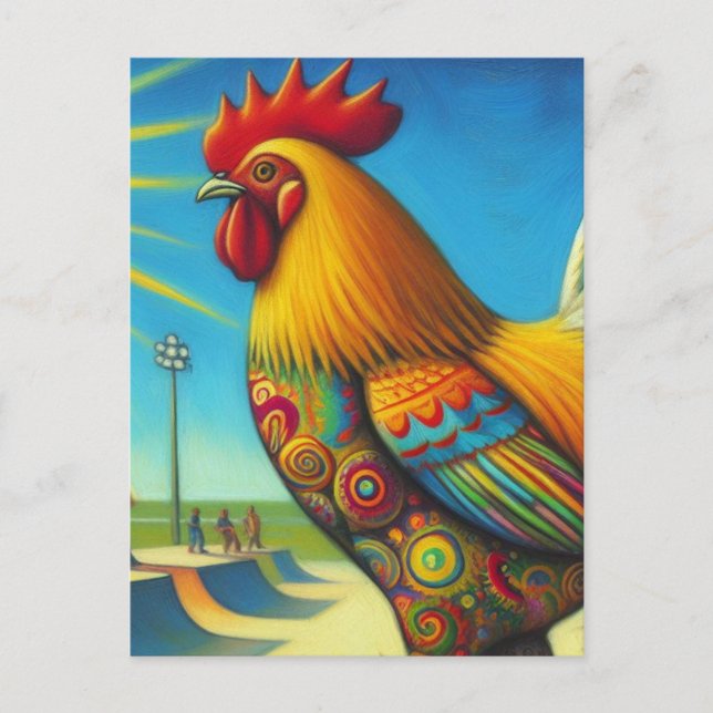 Carte Postale Skateboard Rooster coloré et amusant (Devant)