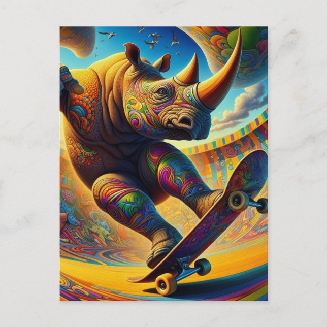 Carte Postale Skateboard Surreal Adorable Rhino (Devant)