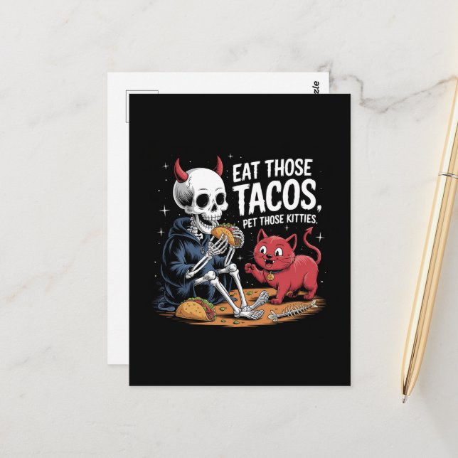 Carte Postale Skeleton Fun Mangez ces Tacos et Animez ces Kittie (Devant/Arrière en situation)