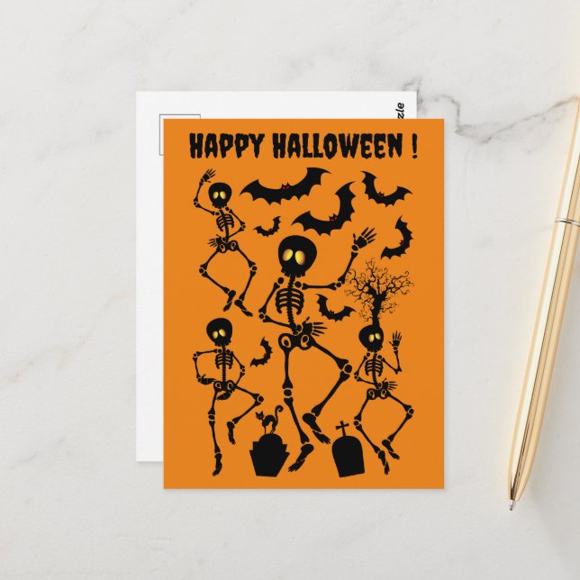 Carte Postale Skeletons d'Halloween Macabre Dance (Devant/Arrière en situation)