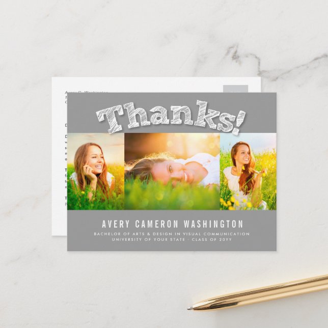 Carte Postale Sketched Thanks Multi 3 Photo Graduation Thank You (Devant/Arrière en situation)