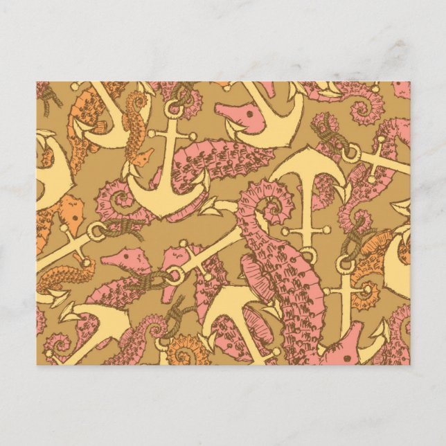 Carte Postale Sketchy Seahorse And Anchor Pattern (Devant)