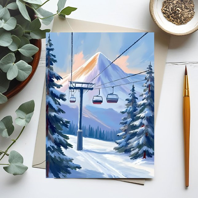 Carte Postale Ski Lift | Mountain Winter Watercolor Skiing (Créateur téléchargé)