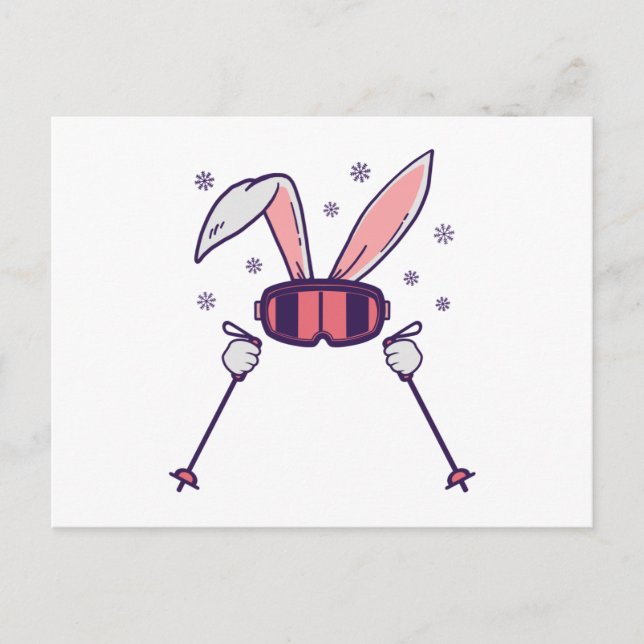 Carte Postale Ski Rabbit avec bâtons de ski et lunettes de ski (Devant)