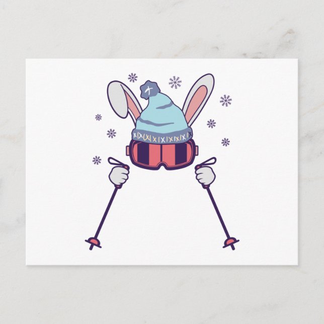 Carte Postale Ski Rabbit avec bâtons de ski ski lunettes de ski  (Devant)