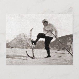 Carte Postale Ski vintage, Skis en bois, pôle unique