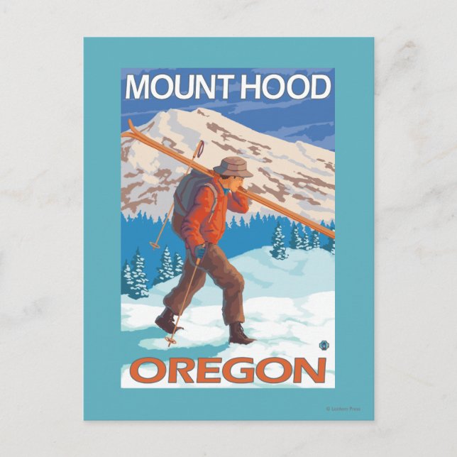Carte Postale Skier transportant ski de neige - Mont Hood, OU (Devant)