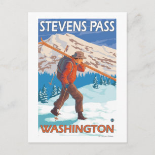 Carte Postale Skier transportant ski de neige - Stevens Pass, WA