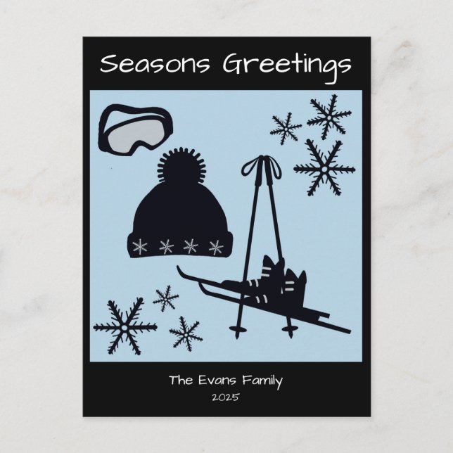 Carte Postale Skis, hat, goggles & snowflakes holiday (Devant)