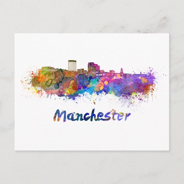 Carte Postale Skyline Manchester NH en aquarelle (Devant)