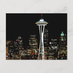 Carte Postale Skyline Seattle la nuit, avec Space Needle.