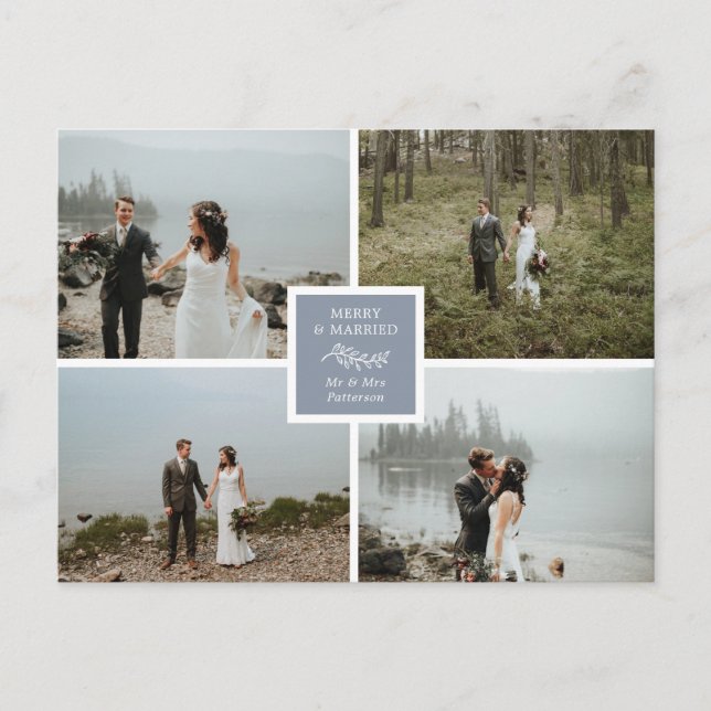 Carte Postale Slate Blue Elegant Photo Collage Joyeux & Marié (Devant)
