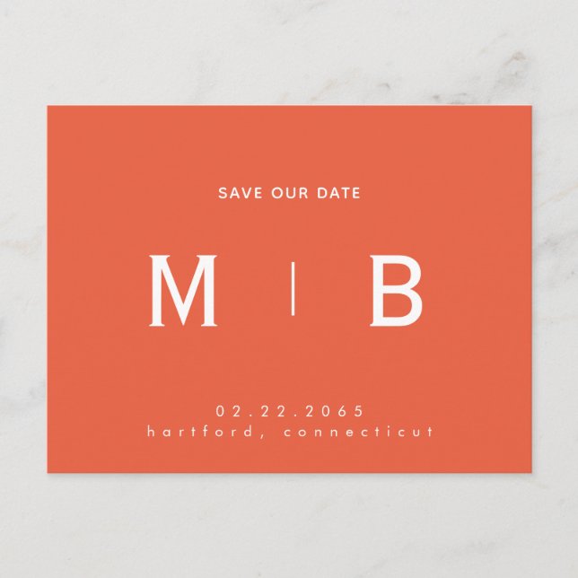 Carte Postale Sleek Monogram Orange Mariage Enregistrer notre da (Devant)