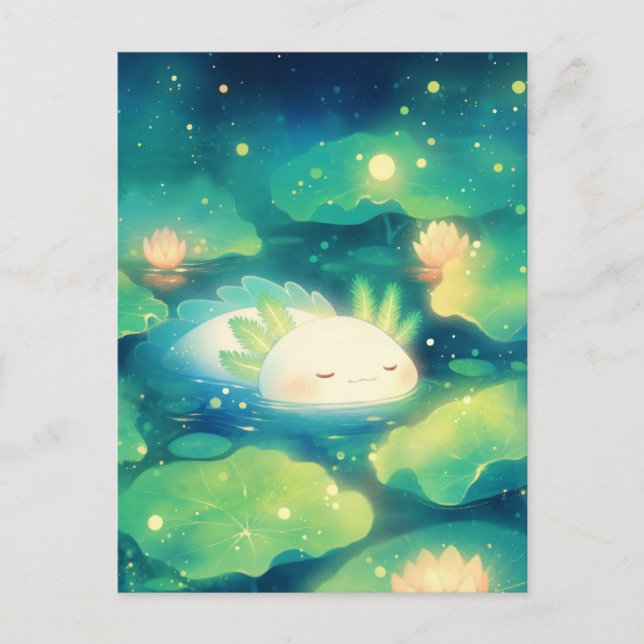 Carte Postale Sleeping White Axolotl in Magical Night Lotus Pond (Devant)