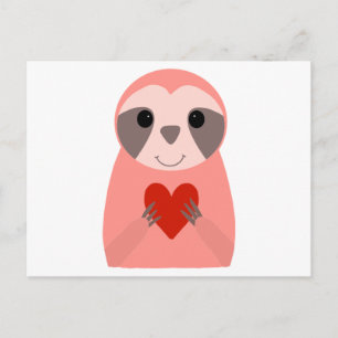 Carte Postale Sloth rose tenant un coeur