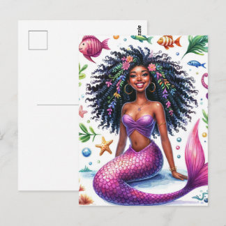 Carte Postale Smiling Dark-Skinned Mermaid With Pink Tail