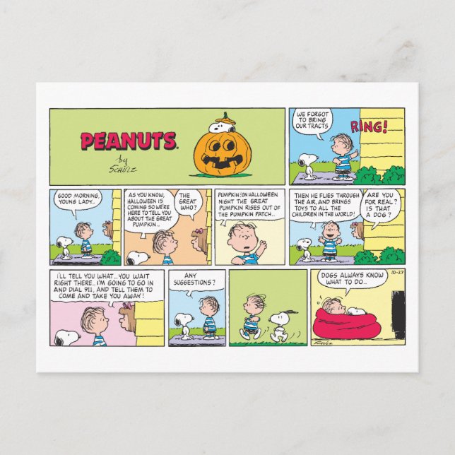 Carte Postale Snoopy & Linus | Les Nouvelles du Grand Citrouille (Devant)