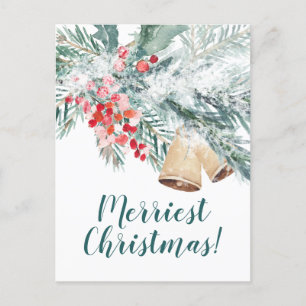Carte Postale SnowBlue Spruce Holly Berries & Kraft Bells