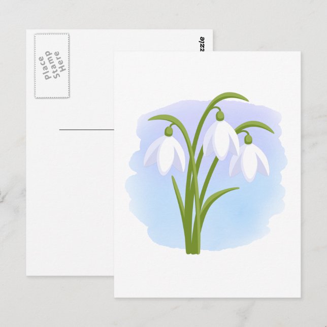 Carte Postale Snowdrops - Fleurs de printemps sur aquarelle bleu (Devant / Derrière)
