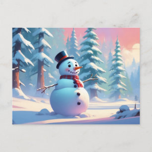 Carte Postale Snowman de Noël dans la forêt d'hiver