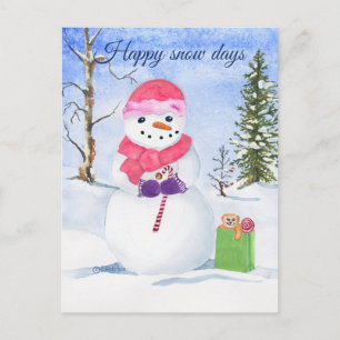 Carte Postale Snowman foulard rose canne à bonbons Joyeux jours 