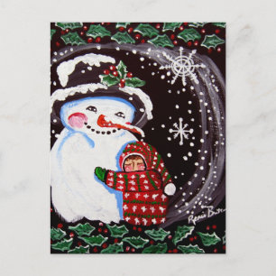 Carte Postale Snowman Hug Winter Folk art