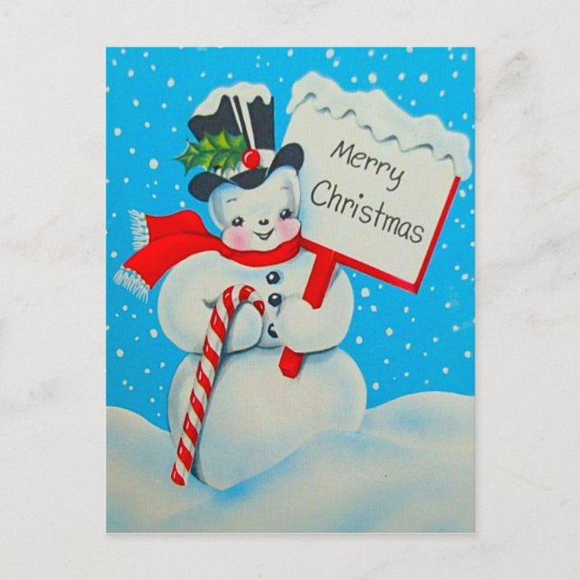 Carte postale Snowman Joyeux Noël des années 1950 (Devant)