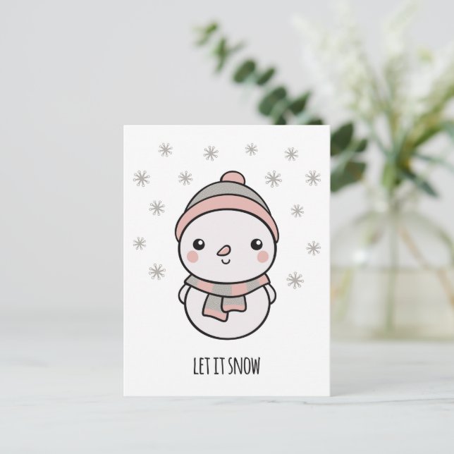 Carte Postale Snowman kawaii laisse neiger (Debout devant)