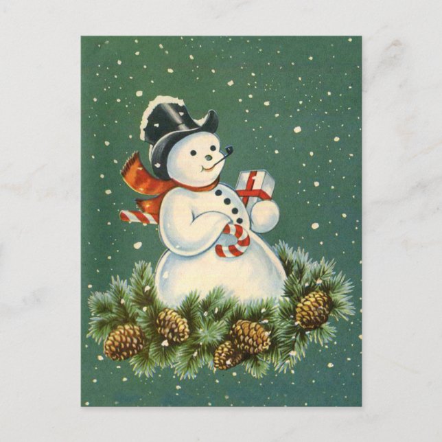 Carte Postale Snowman mignon avec présence sur la couronne de pi (Devant)