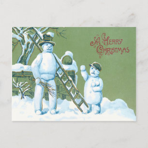 Carte Postale Snowman Père Et Fils Échelle De Neige Snowball