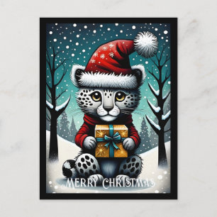 Carte Postale Snowy mignon bébé Snow Leopard Père Noël cadeau de