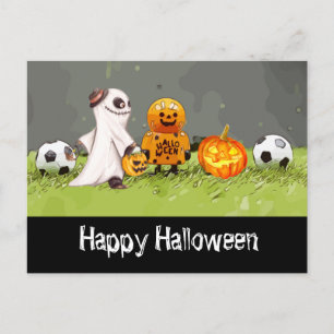 Carte Postale Soccer Happy Halloween avec des boules sur herbe v
