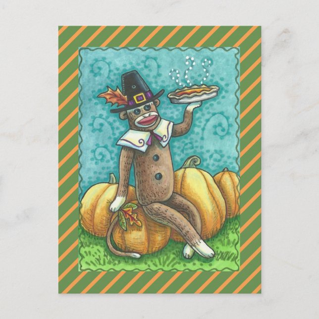 CARTE POSTALE SOCK MONKEY THANKSGIVING ET CITROUILLE PIE (Devant)
