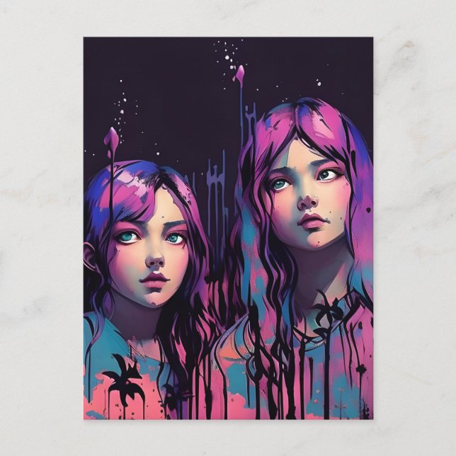 Carte Postale Sœurs aux cheveux violets (Devant)