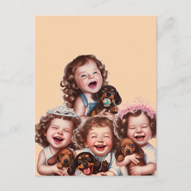 Carte Postale Soeurs et chiots de dachshund (Devant)
