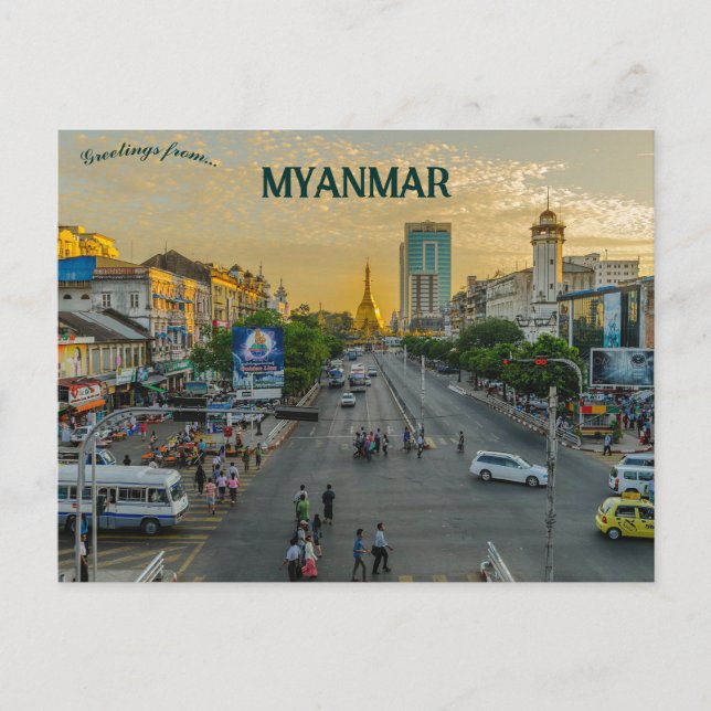 Carte Postale Soir à Yangon Myanmar Birmanie (Devant)