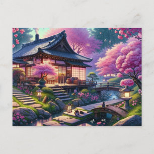 Carte Postale Soir de printemps tranquille dans un jardin japona