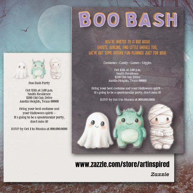 Carte Postale Soirée d'Halloween en costume mignon (Cute kids Halloween party postcard with fun Boo Bash typography, ghost, mummy & monster.)