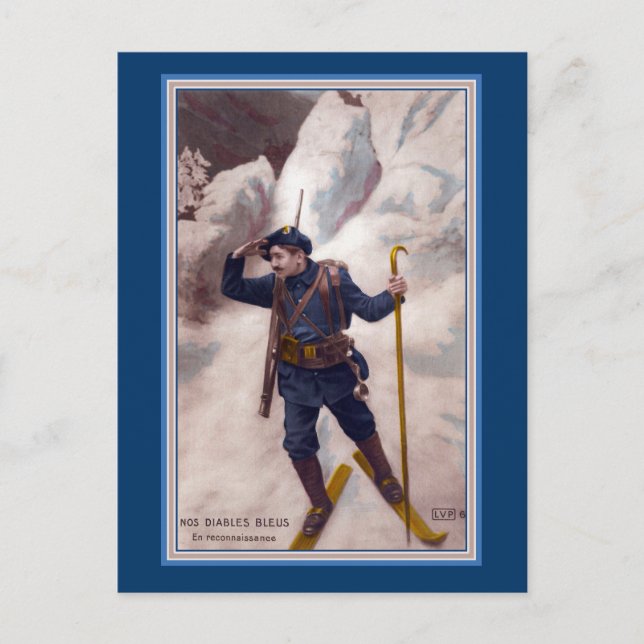 Carte Postale Soldat français en ski dans les Alpes - Les Diable (Devant)