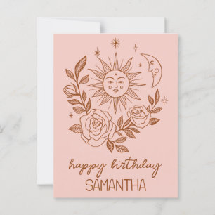 Carte Postale Soleil Lune & Roses Boho Magique ANNIVERSAIRE NOM