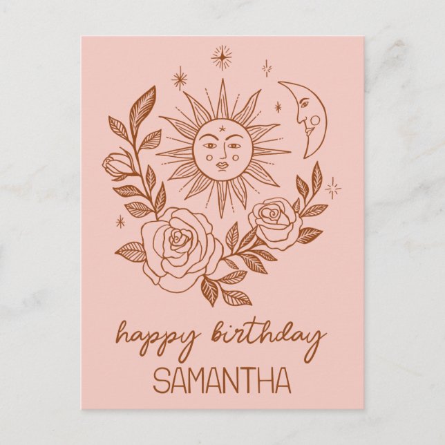 Carte Postale Soleil Lune & Roses Boho Magique ANNIVERSAIRE NOM  (Devant)