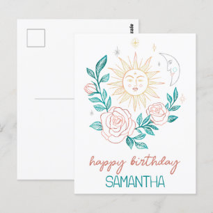 Carte Postale Soleil Lune & Roses Boho Magique ANNIVERSAIRE NOM