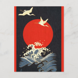 CARTE POSTALE SOLEIL ROUGE, CRANS DE VOL JAPONAIS, VAGUES DE MER