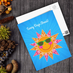 Carte Postale Soleil souriant avec lunettes Orange Rayons roses 