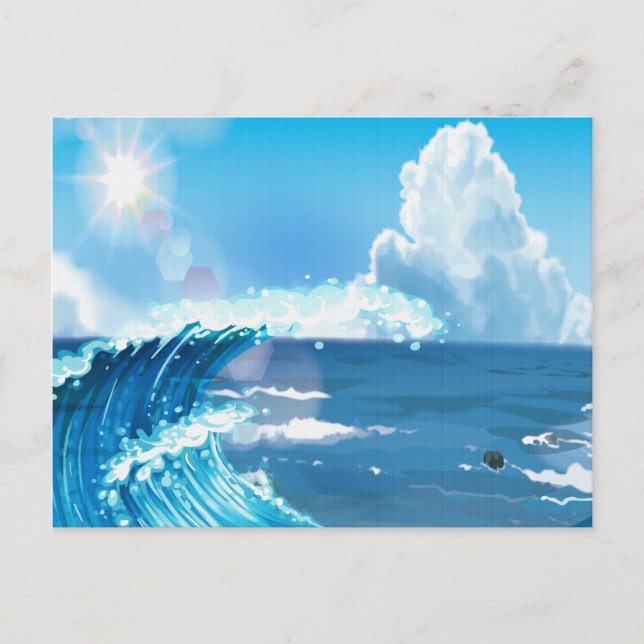 Carte Postale Soleil sur Ocean Wave avec ciel bleu nuageux (Devant)