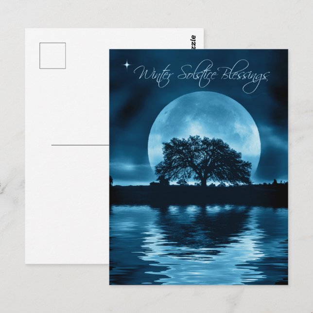 Carte Postale Solstice d'hiver Yule chêne arbre et Pleine lune (Devant / Derrière)