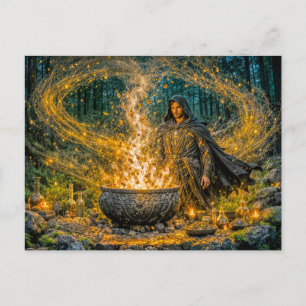 Carte Postale Sorcier de fantasy dynamique avec chaudron magique