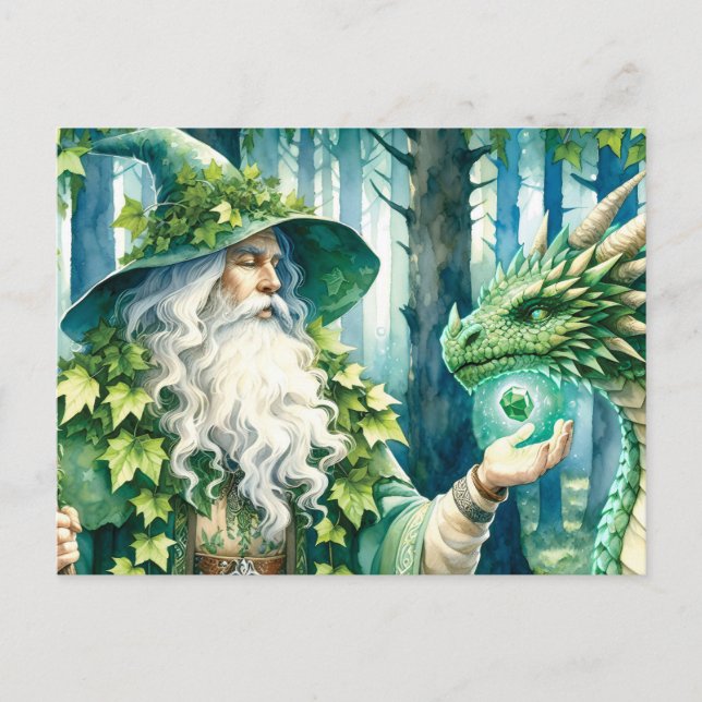 Carte Postale Sorcier des Bois avec Dragon Vert Lumineux (Devant)
