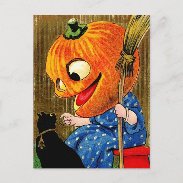 Carte Postale Sorcière à tête citrouille et chat noir (Devant)